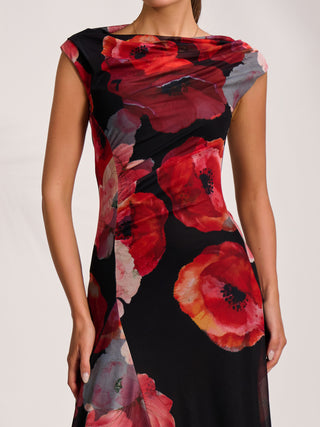 Asymmetric Draped Mesh Midaxi Dress, Red Floral