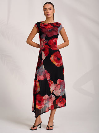 Asymmetric Draped Mesh Midaxi Dress, Red Floral