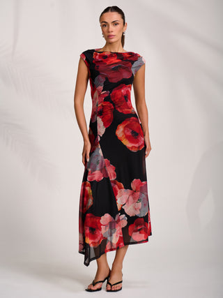 Asymmetric Draped Mesh Midaxi Dress, Red Floral
