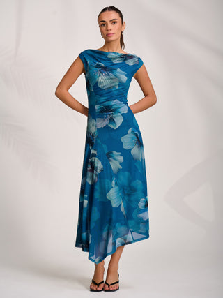 Asymmetric Draped Mesh Midaxi Dress, Teal Floral
