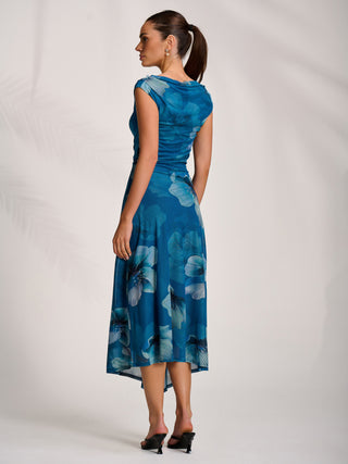 Asymmetric Draped Mesh Midaxi Dress, Teal Floral