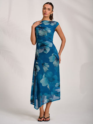Asymmetric Draped Mesh Midaxi Dress, Teal Floral