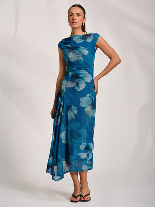 Asymmetric Draped Mesh Midaxi Dress, Teal Floral