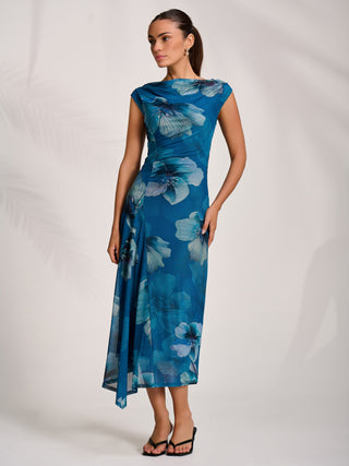 Asymmetric Draped Mesh Midaxi Dress, Teal Floral