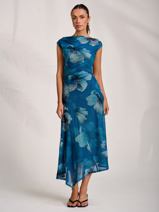 Asymmetric Draped Mesh Midaxi Dress, Teal Floral