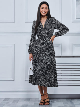Crepe Wrap Long Sleeve Midi Dress, Black Spot