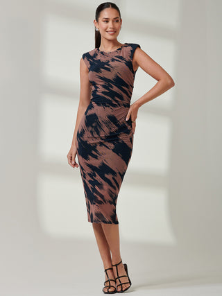 Mesh Shoulder Pad Bodycon Midi Dress, Brown Abstract
