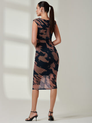 Mesh Shoulder Pad Bodycon Midi Dress, Brown Abstract