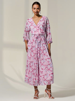 Flared Printed Chiffon Jumpsuit, Pink Floral