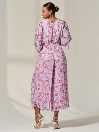 Flared Printed Chiffon Jumpsuit, Pink Floral