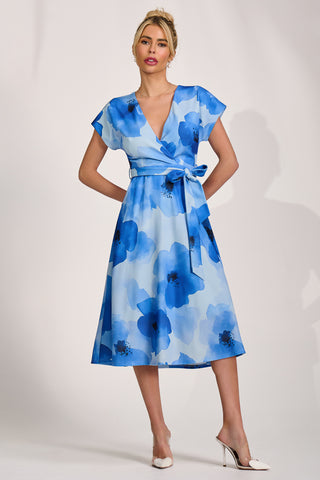 Kimono Sleeve Print Scuba Midi Dress, Blue Floral
