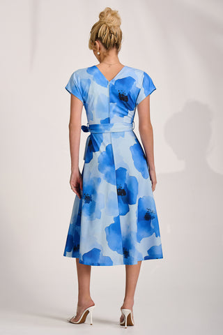 Kimono Sleeve Print Scuba Midi Dress, Blue Floral