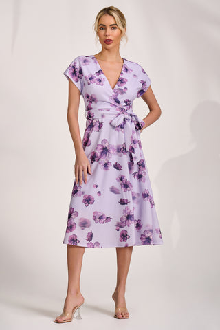 Kimono Sleeve Print Scuba Midi Dress, Pink Floral