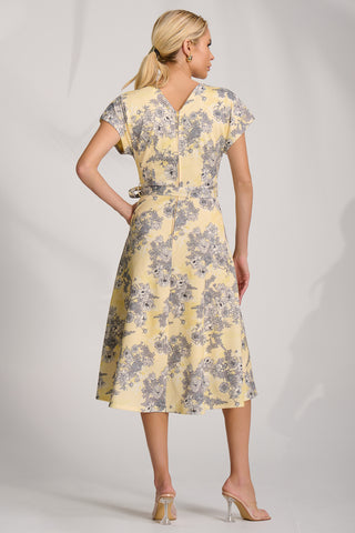 Kimono Sleeve Print Scuba Midi Dress, Yellow Floral