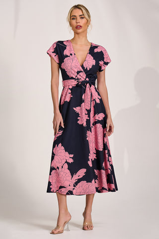 Kimono Sleeve Print Scuba Midaxi Dress, Pink Floral