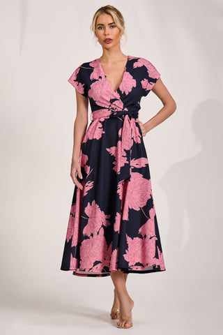 Kimono Sleeve Print Scuba Midaxi Dress, Pink Floral