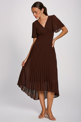 Chiffon Pleated Maxi Dress, Brown