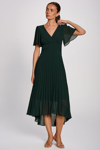 Chiffon Pleated Maxi Dress, Dark Green