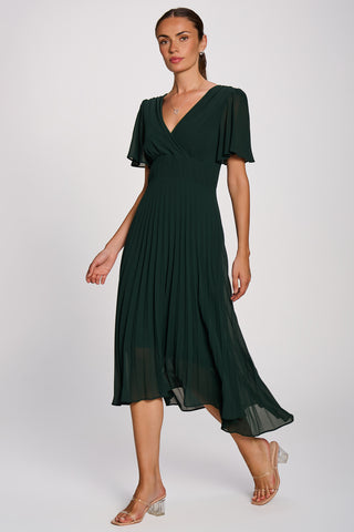 Chiffon Pleated Maxi Dress, Dark Green