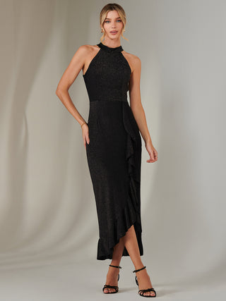 Halter Neck Frill Jersey Maxi Dress, Black