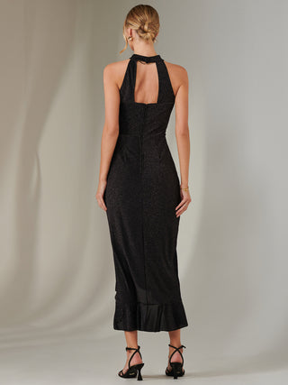 Halter Neck Frill Jersey Maxi Dress, Black