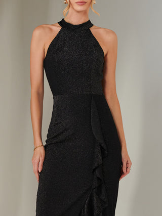 Halter Neck Frill Jersey Maxi Dress, Black