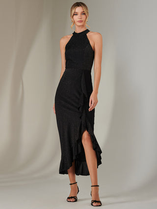 Halter Neck Frill Jersey Maxi Dress, Black