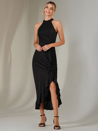 Halter Neck Frill Jersey Maxi Dress, Black