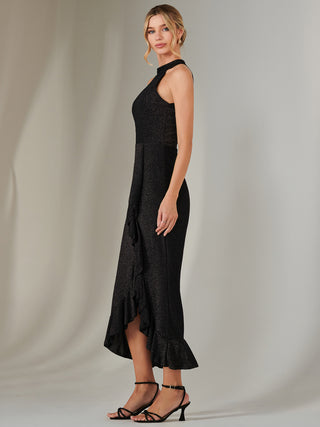 Halter Neck Frill Jersey Maxi Dress, Black