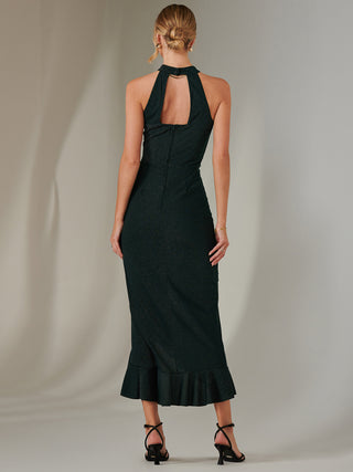 Halter Neck Frill Jersey Maxi Dress, Dark Green