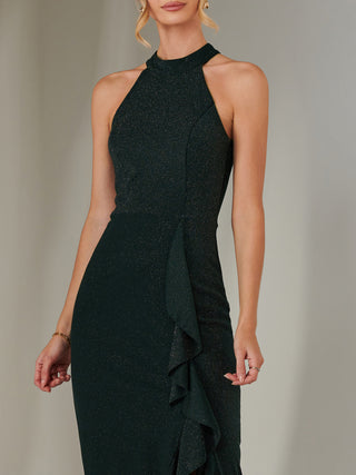 Halter Neck Frill Jersey Maxi Dress, Dark Green