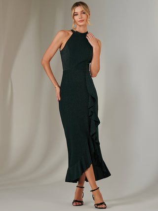 Halter Neck Frill Jersey Maxi Dress, Dark Green