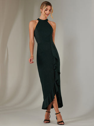 Halter Neck Frill Jersey Maxi Dress, Dark Green