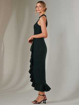 Halter Neck Frill Jersey Maxi Dress, Dark Green