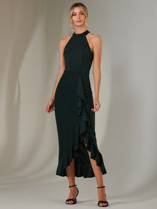 Halter Neck Frill Jersey Maxi Dress, Dark Green