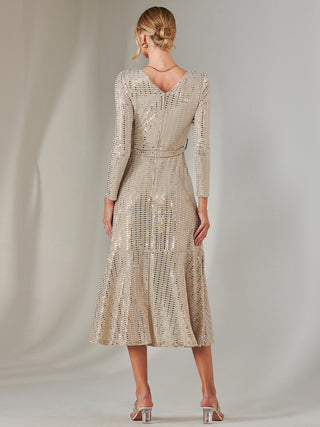 Long Sleeve Metallic Spot Maxi Dress, Beige Silver