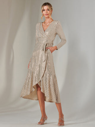 Long Sleeve Metallic Spot Maxi Dress, Beige Silver