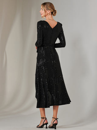 Long Sleeve Metallic Spot Maxi Dress, Black