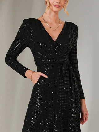 Long Sleeve Metallic Spot Maxi Dress, Black