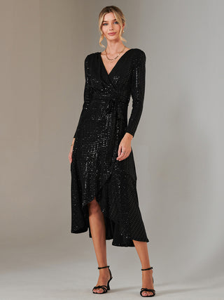 Long Sleeve Metallic Spot Maxi Dress, Black