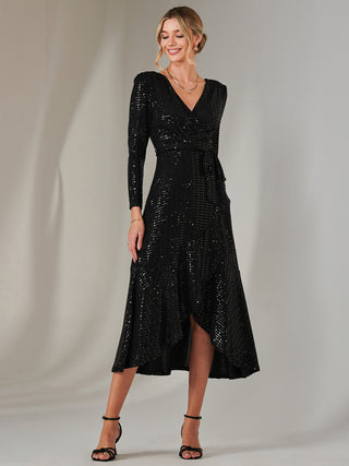 Long Sleeve Metallic Spot Maxi Dress, Black