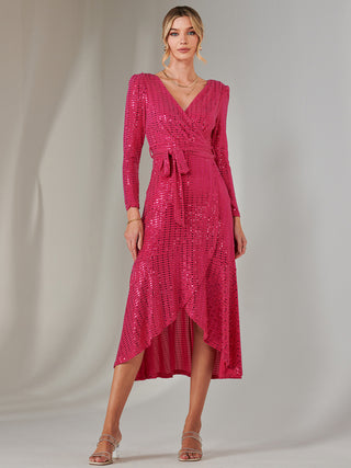 Long Sleeve Metallic Spot Maxi Dress, Fuschia