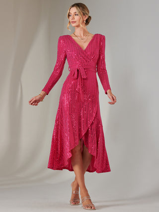 Long Sleeve Metallic Spot Maxi Dress, Fuschia