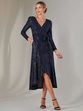 Long Sleeve Metallic Spot Maxi Dress, Navy