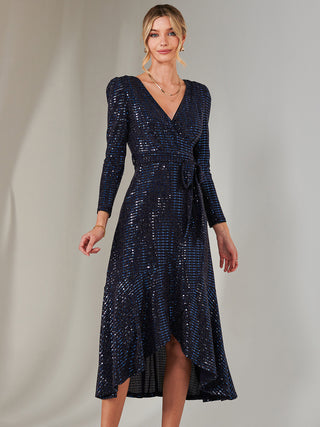 Long Sleeve Metallic Spot Maxi Dress, Navy