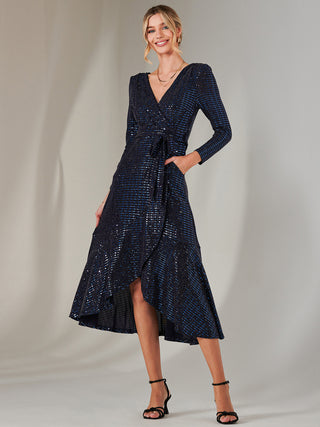 Long Sleeve Metallic Spot Maxi Dress, Navy