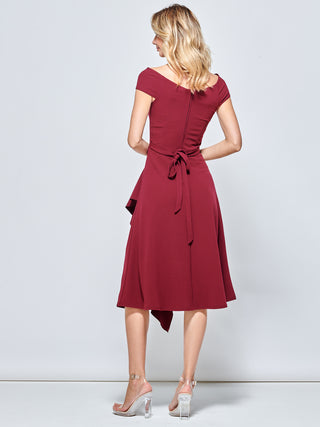 Off Shoulder Frill Ponte Midi Dress, Burgundy
