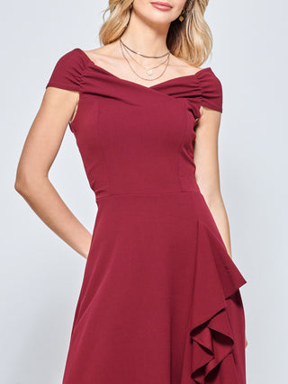 Off Shoulder Frill Ponte Midi Dress, Burgundy
