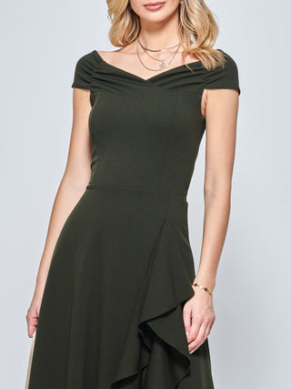 Off Shoulder Frill Ponte Midi Dress, Solider Green