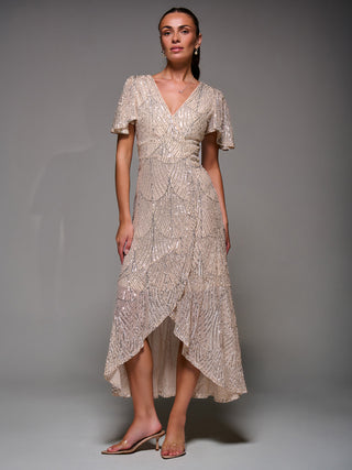 Sequin Angel Sleeve Ruffle Hem Maxi Dress, Beige Silver